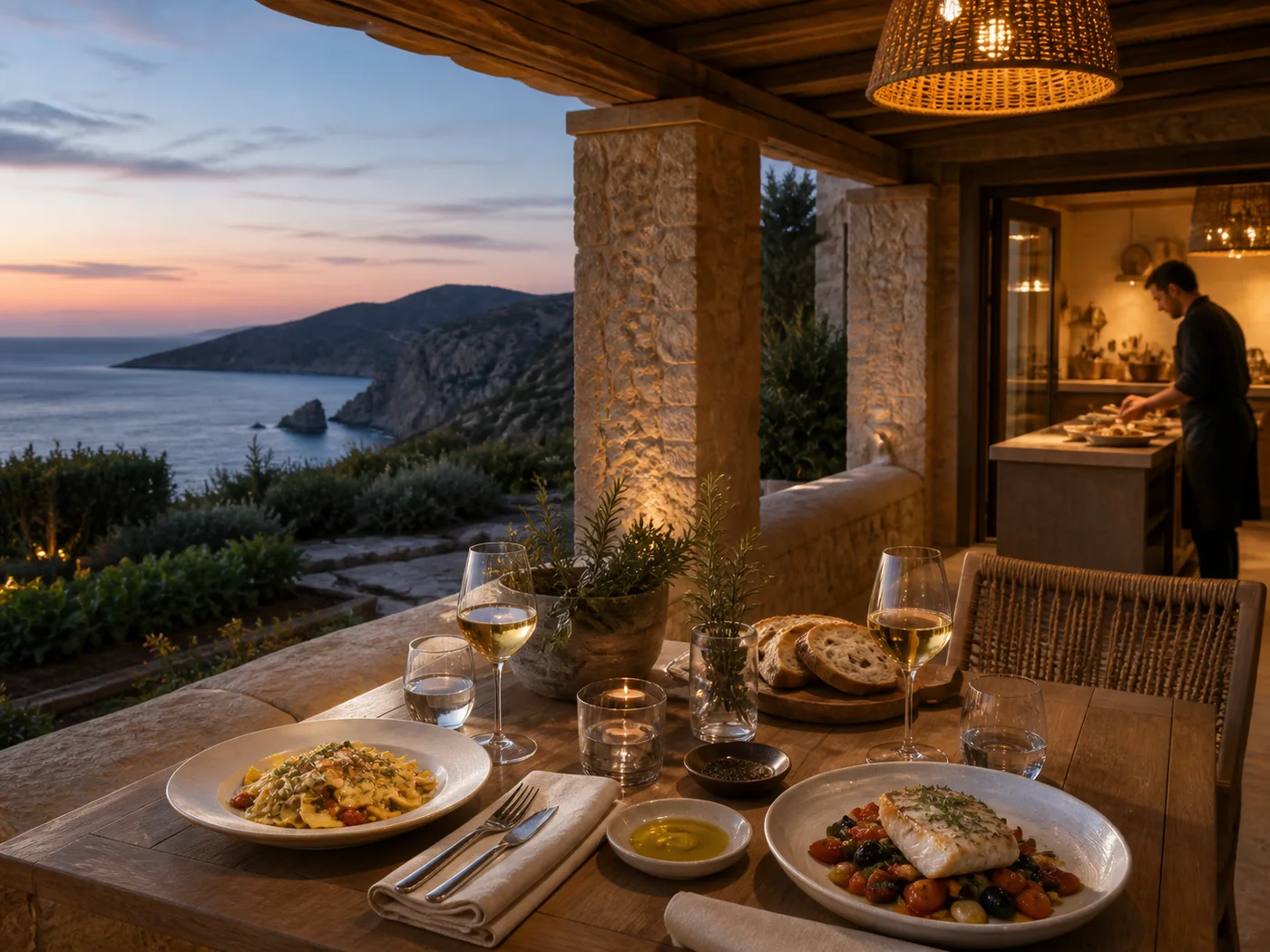 Abendessen mit sardischer Küche auf der Restaurantterrasse